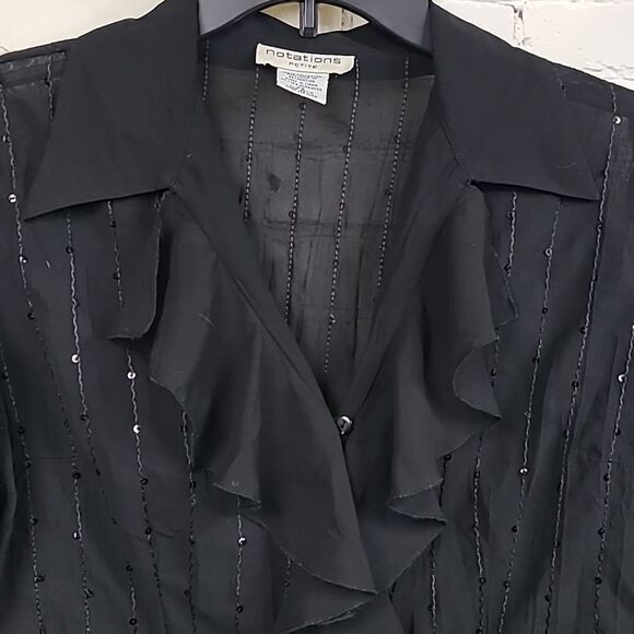 Vintage Petite Black Sheer Sequin Frilly Ruffle Button Down Crepe Blouse Whimsy - Picture 2 of 11